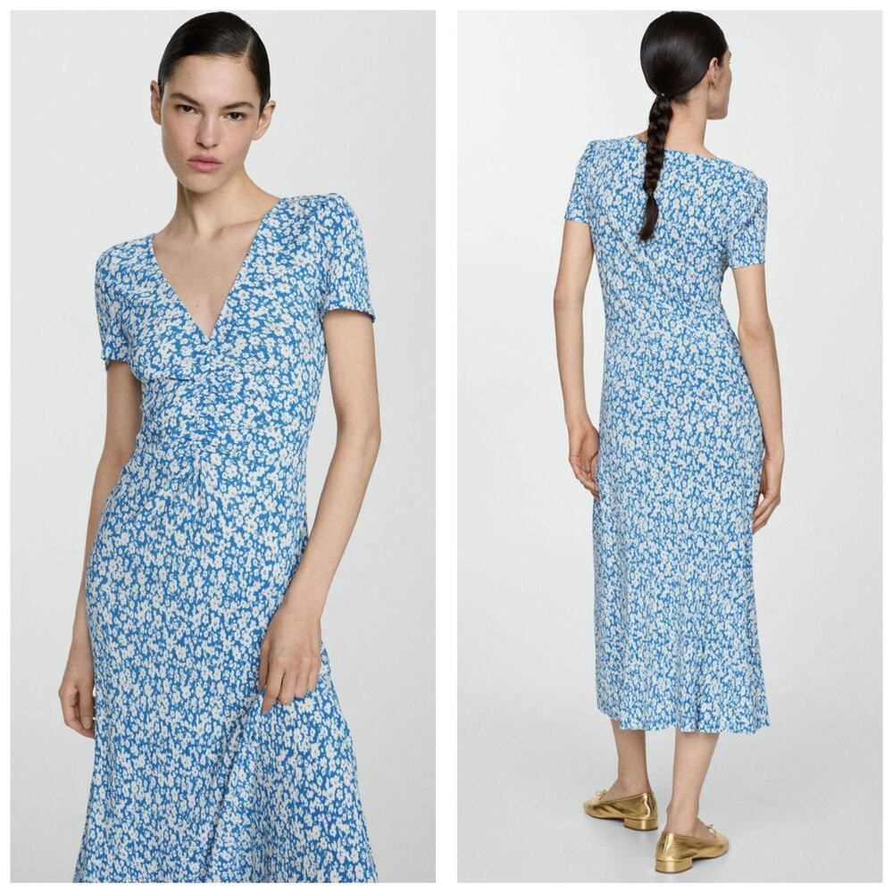 Mango Poma Floral Midi Dress Size Medium Blue Cottage Coquette Chic Jersey